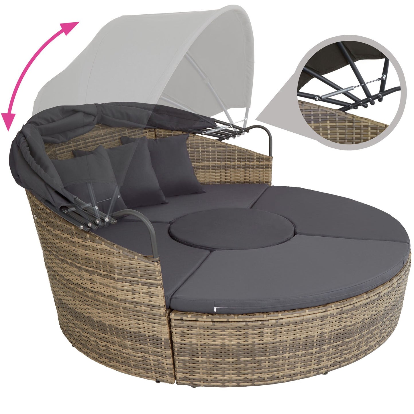 Terraza redonda modular con sombrilla.